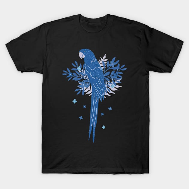 Blue Ara parrot with Tropical Leaves on Black T-Shirt by OneLook